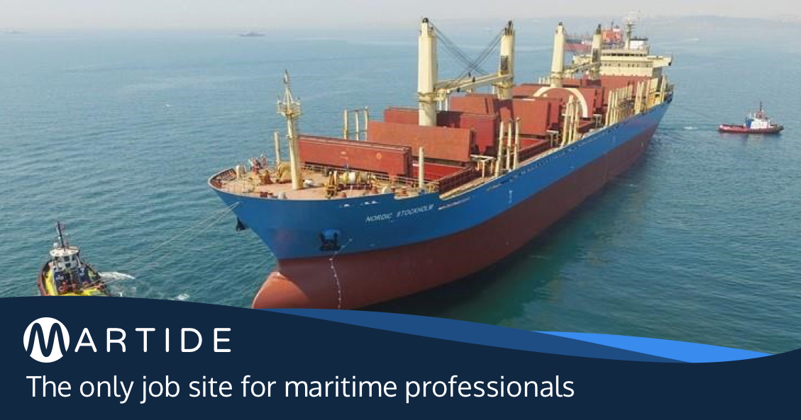Martide advert showing a container ship advertising our seafarer jobs