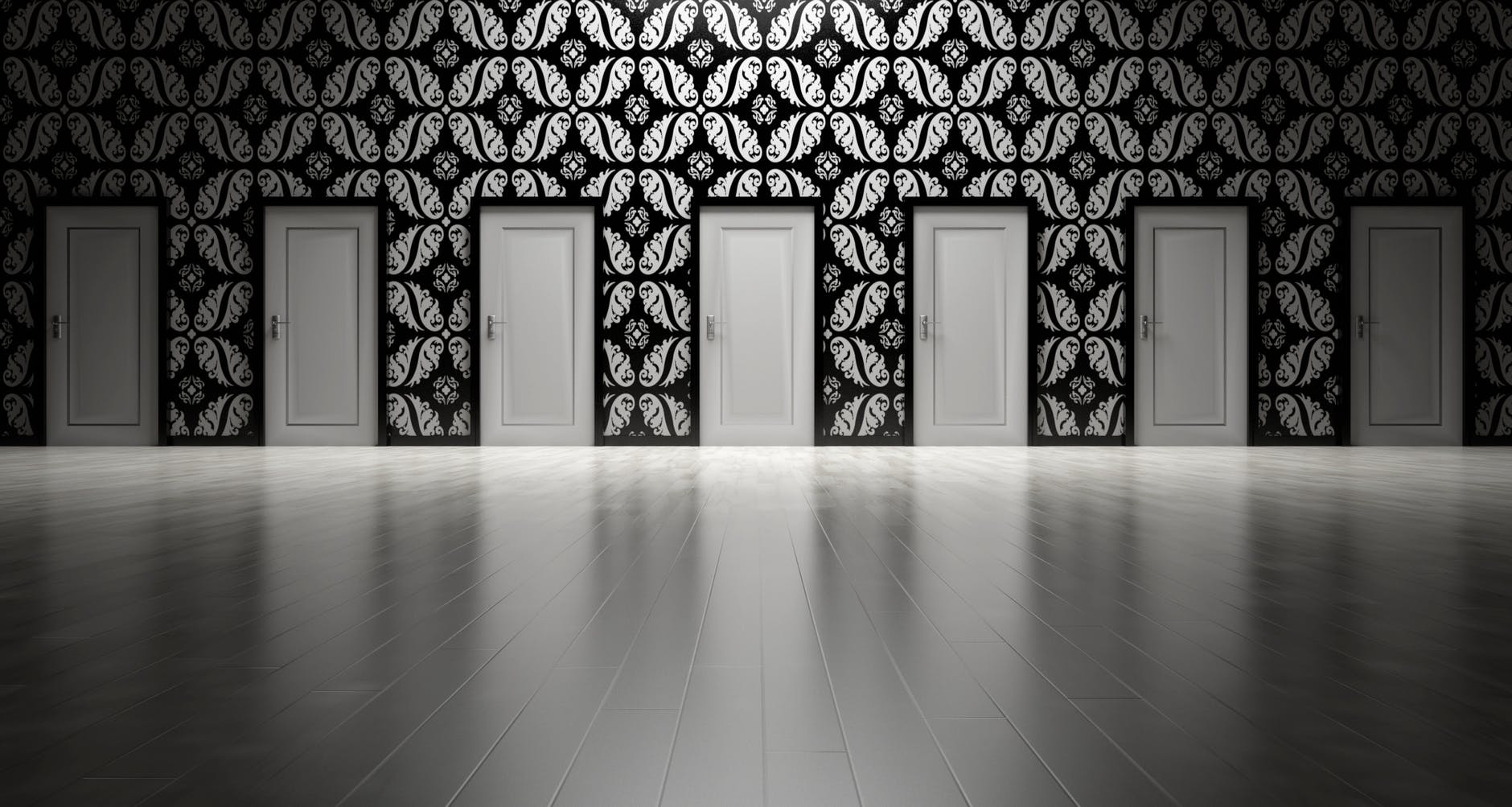 Seven identical doors in a wallpapered wall