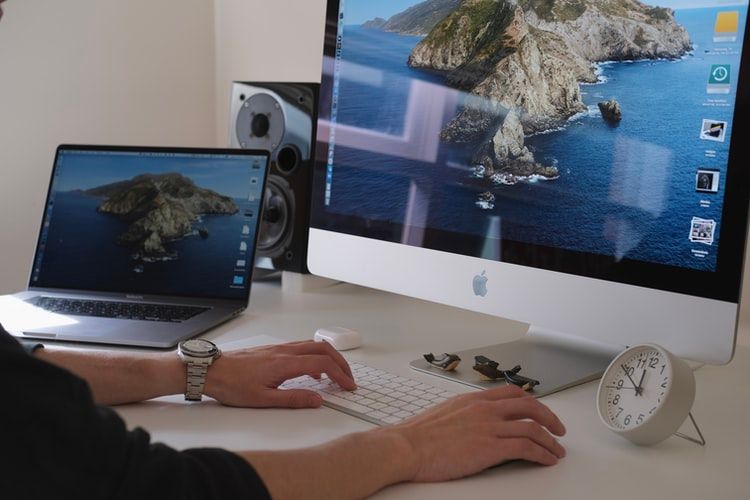 Person using a computer and laptop with ocean wallpapers on both