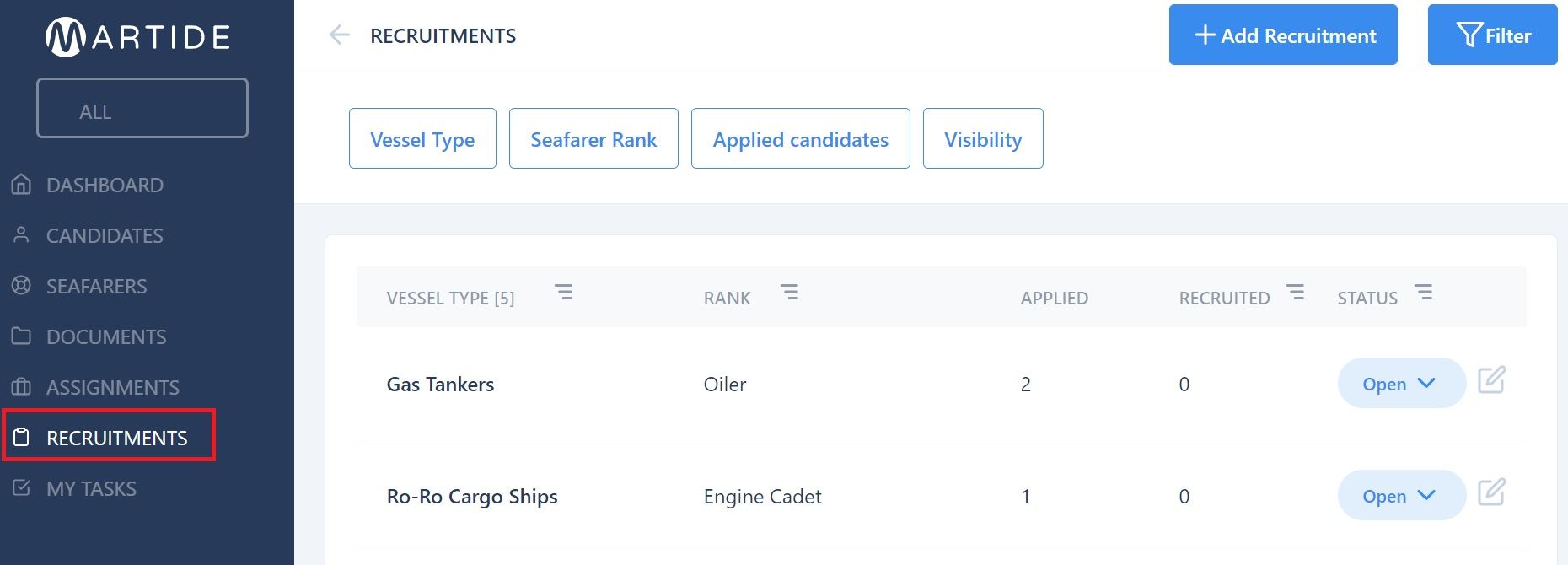 Screenshot of Martide's maritime recruitment and crewing system platform