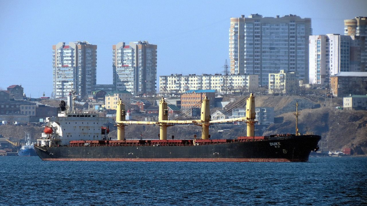 A bulk carrier sailing close to the shore, past apartment buildings