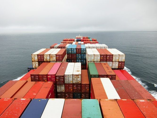 View of containers on a ship from the bridge