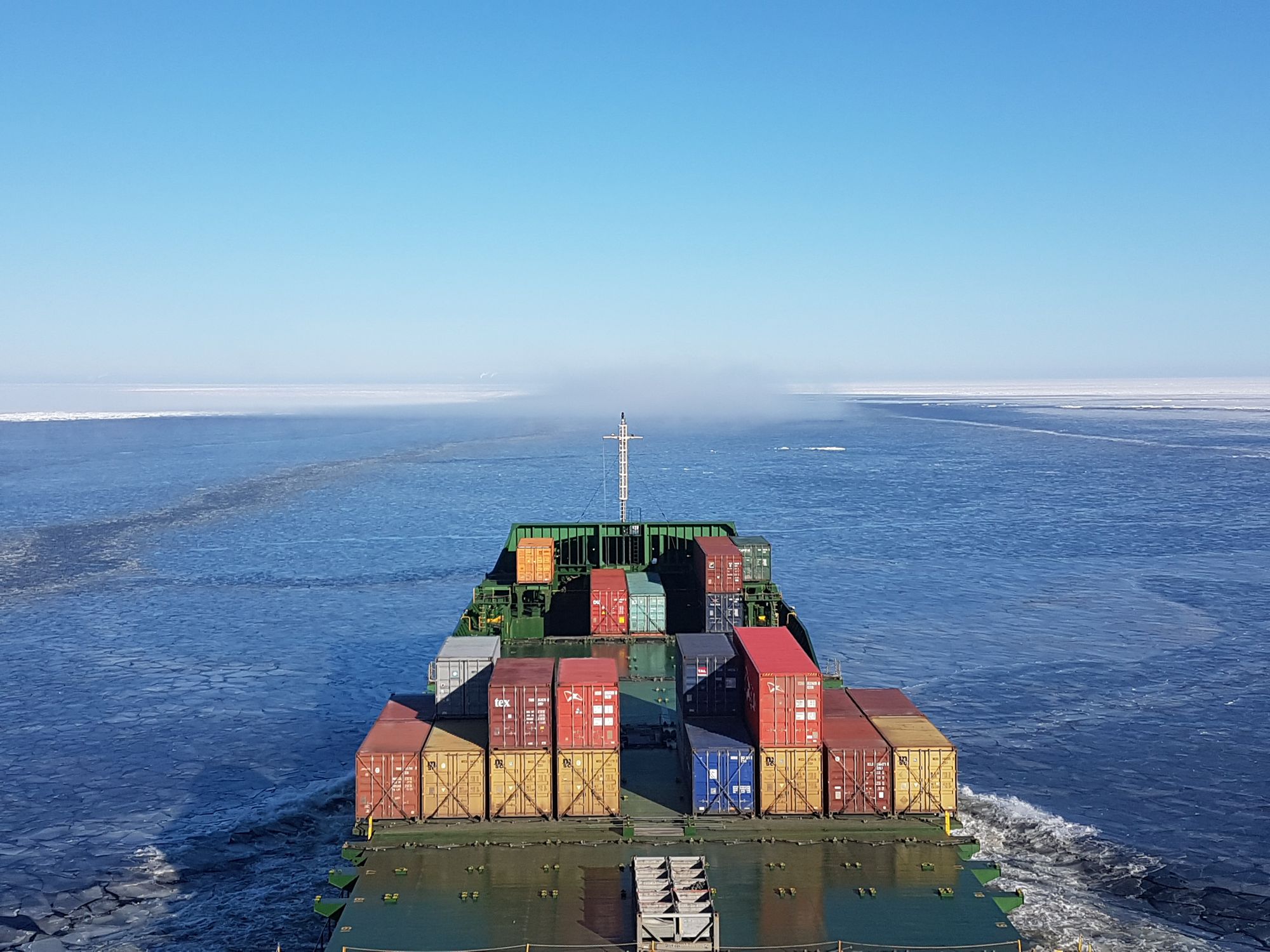 View from the bridge overlooking a container ship's deck