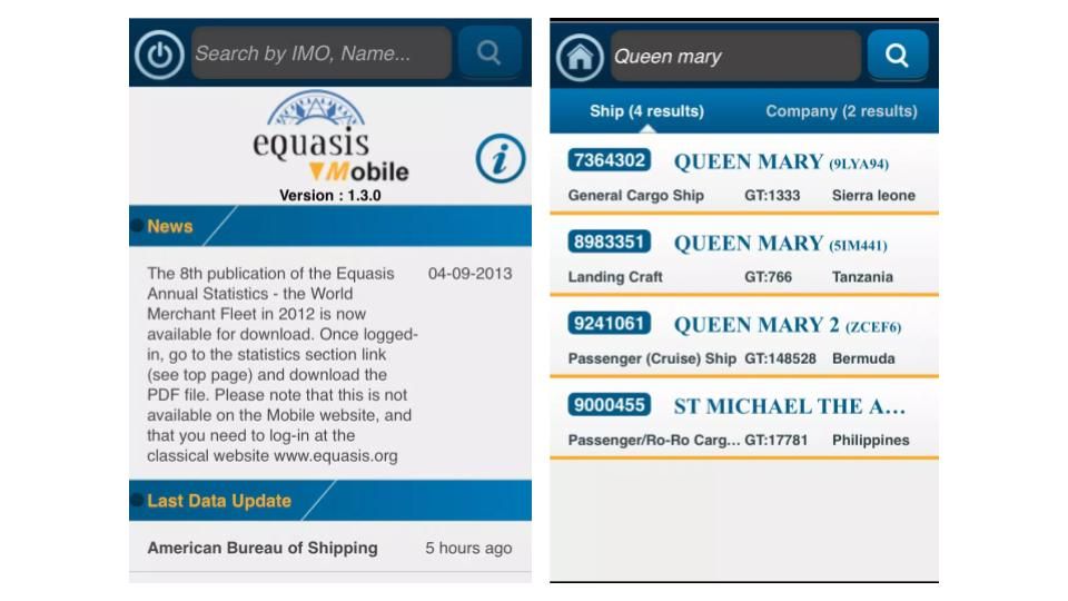 Screenshot of the equasis app