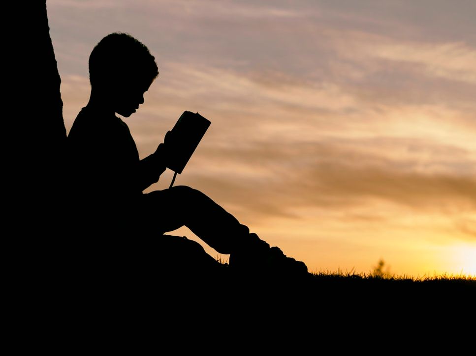 Silhouette of boy using tablet PC at sunset