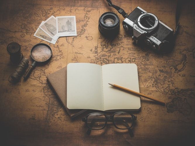 Notebook, camera, glasses and magnifying glass on a map