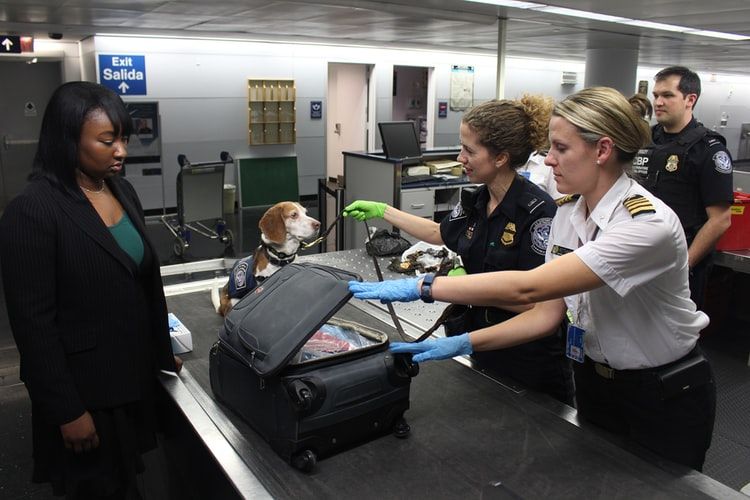 Woman having her suitcase checked at airport security