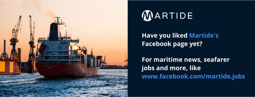 Cargo ship at sunset and wording saying 'follow Martide on Facebook'