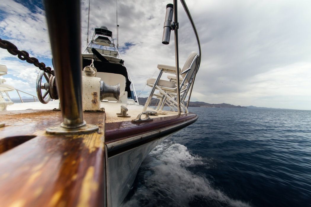 View from the side of a sailing yacht