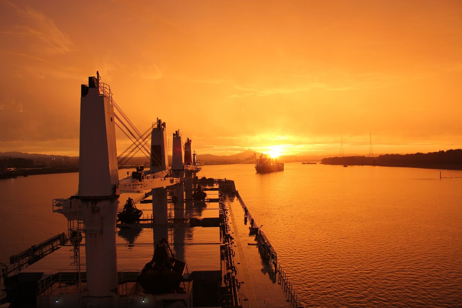View from the bridge of a bulk carrier at sunset