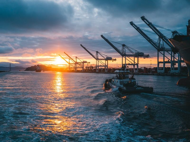 Cranes at a port at sunset