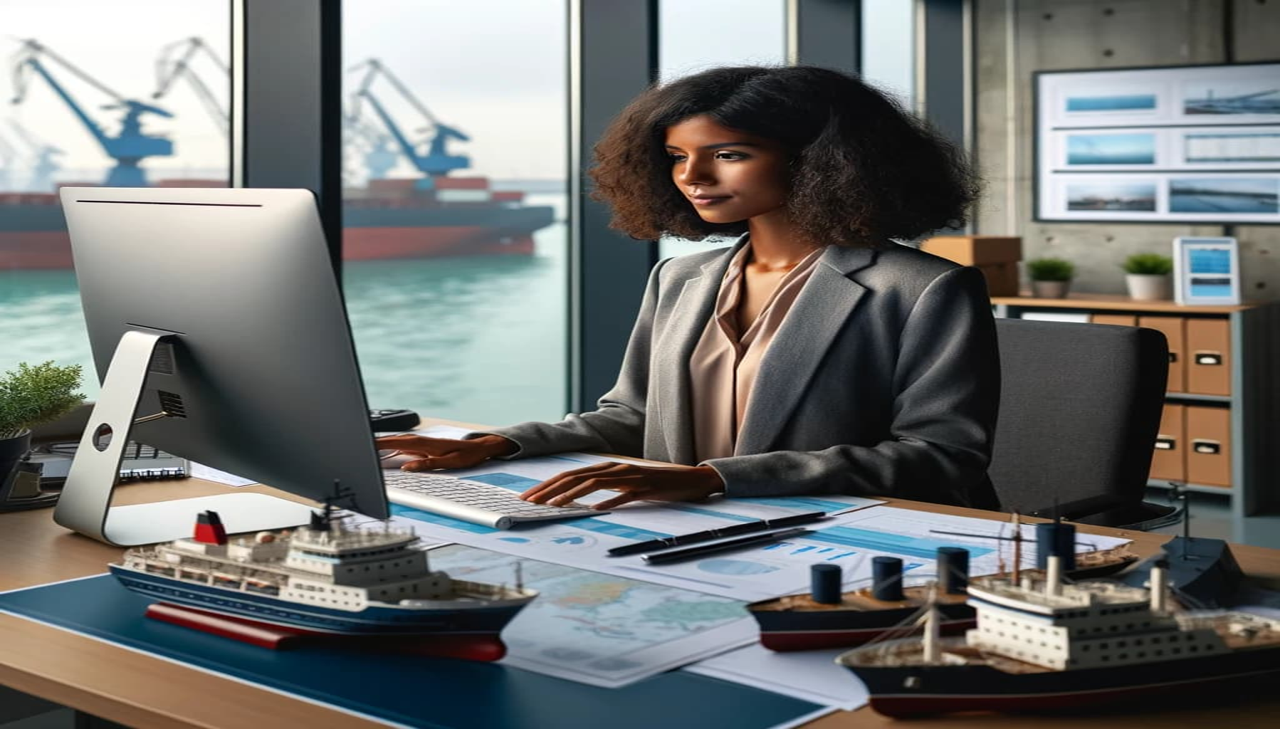 a woman working in a shipping office using her PC