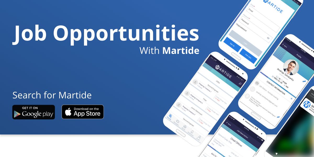 A Martide maritime jobs site advert showing smartphones with seafarer jobs on the screens