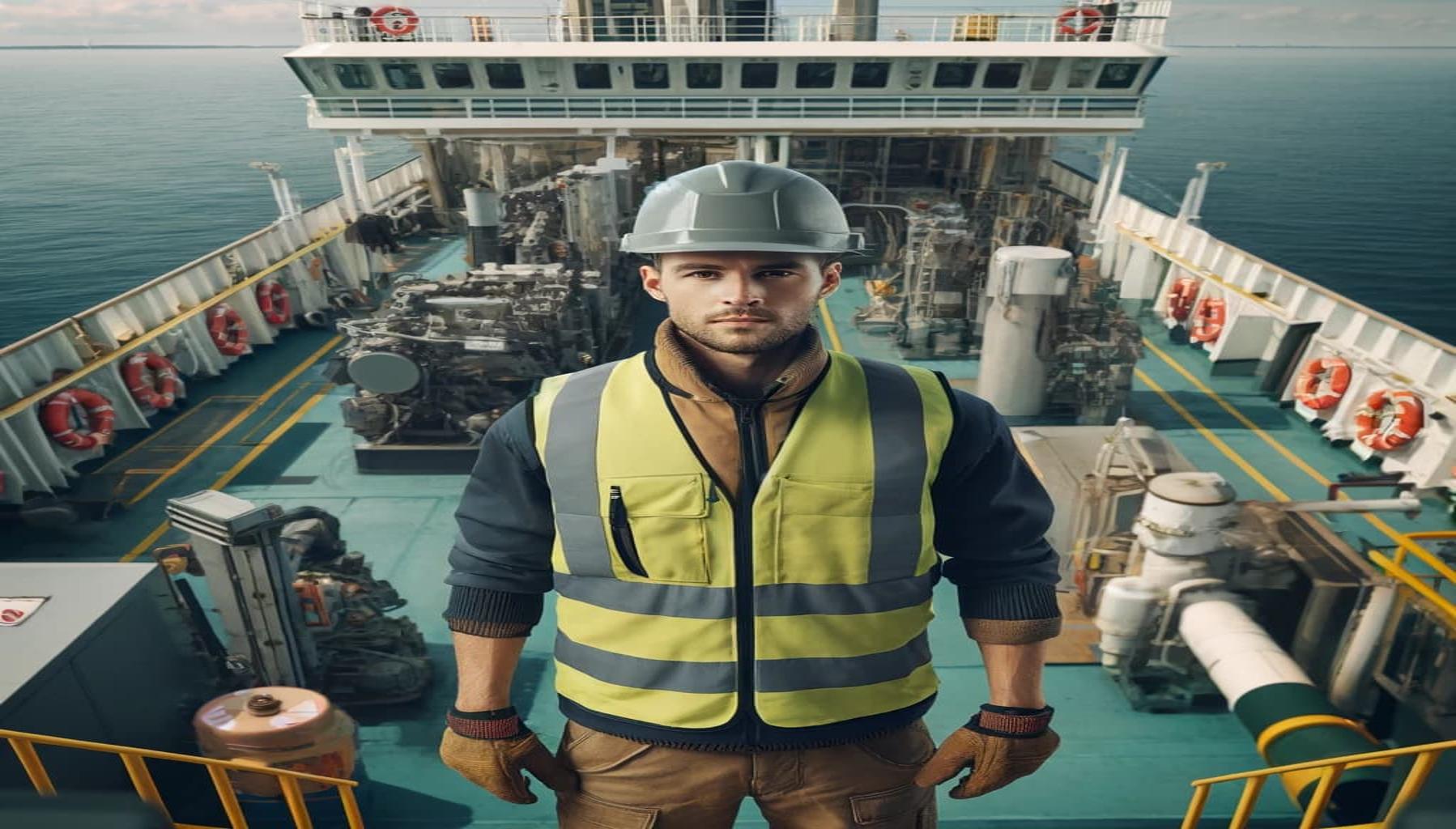 A ship's engineer standing on the deck of a ferry