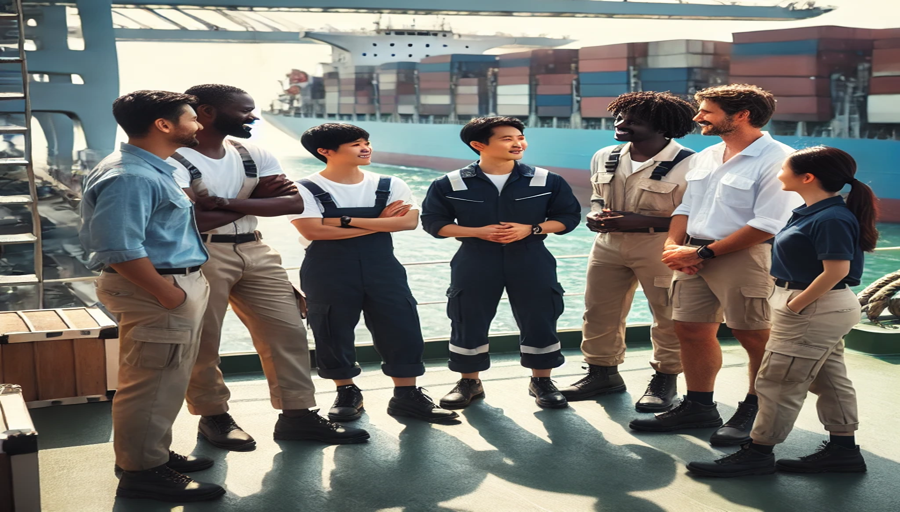 a group of seafarers of different races chatting on deck