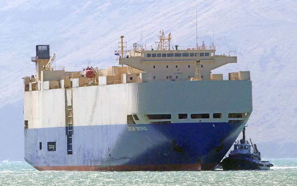 A car carrier ship and tug boat at sea