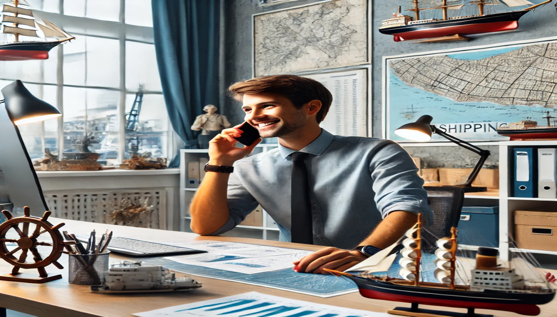 a smiling man in a maritime recruitment office using the phone