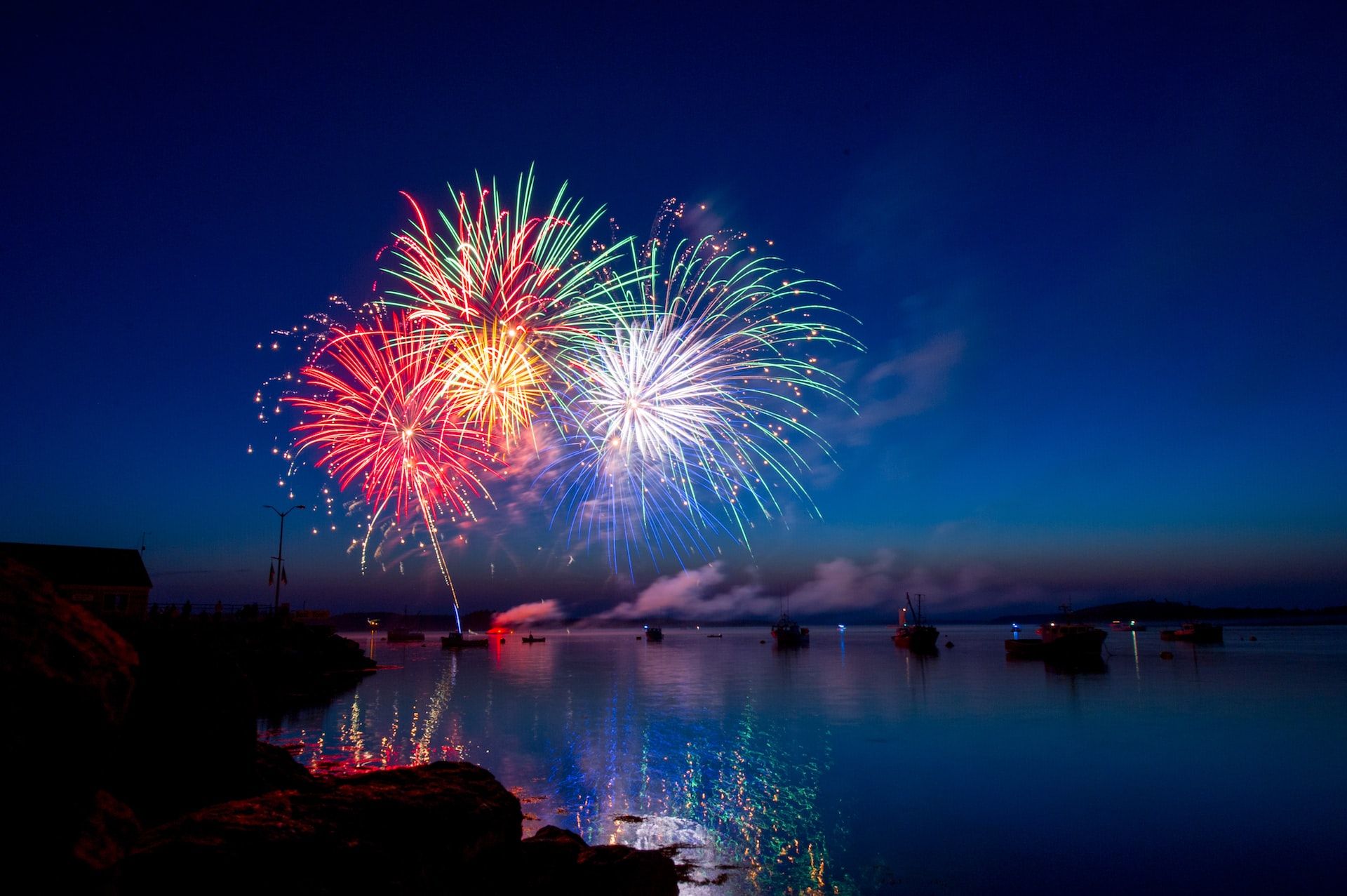 fireworks over a port