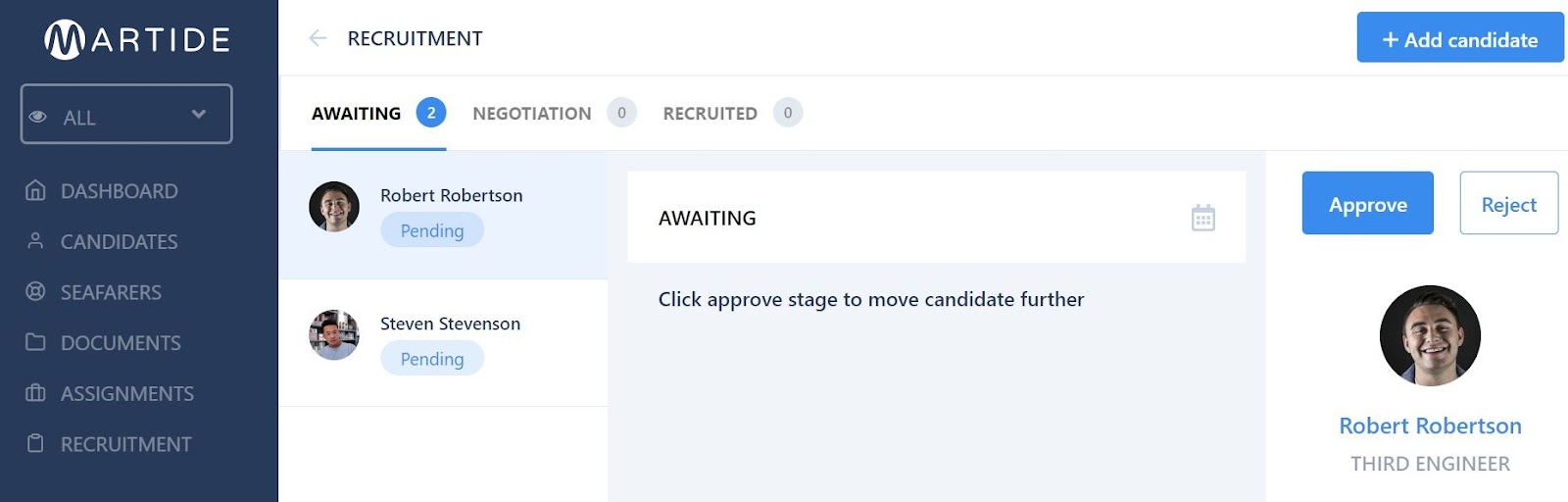 Screenshot of Martide's maritime recruitment and maritime crew management system software