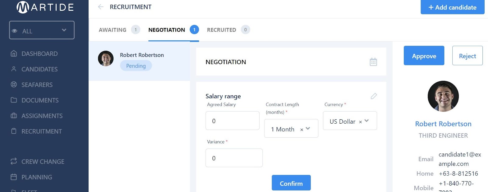 Screenshot of Martide's maritime recruitment and maritime crew management system software