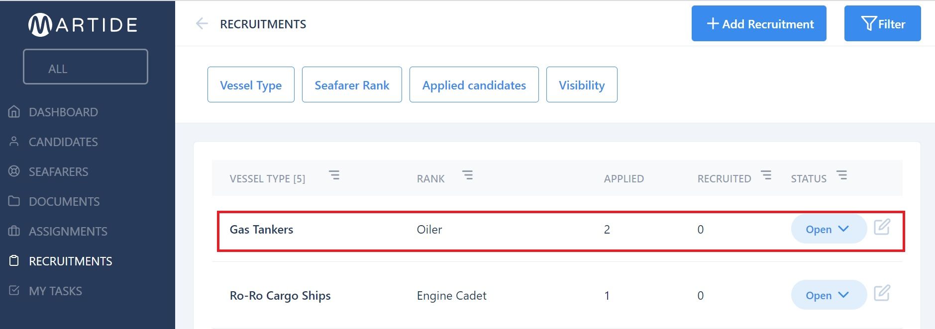 Screenshot of Martide's maritime recruitment and maritime crew management system software