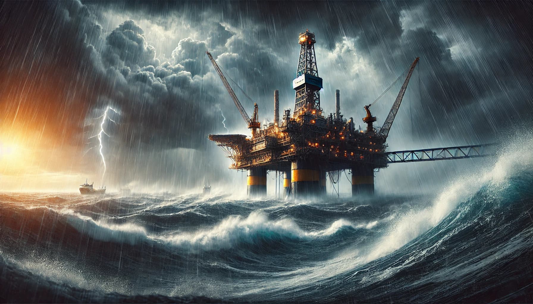 an oil rig in stormy weather