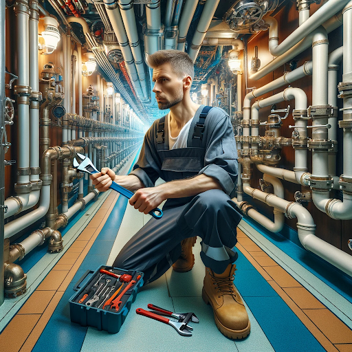 AI generated image of a man working in a ship's plumber job on a cruise ship