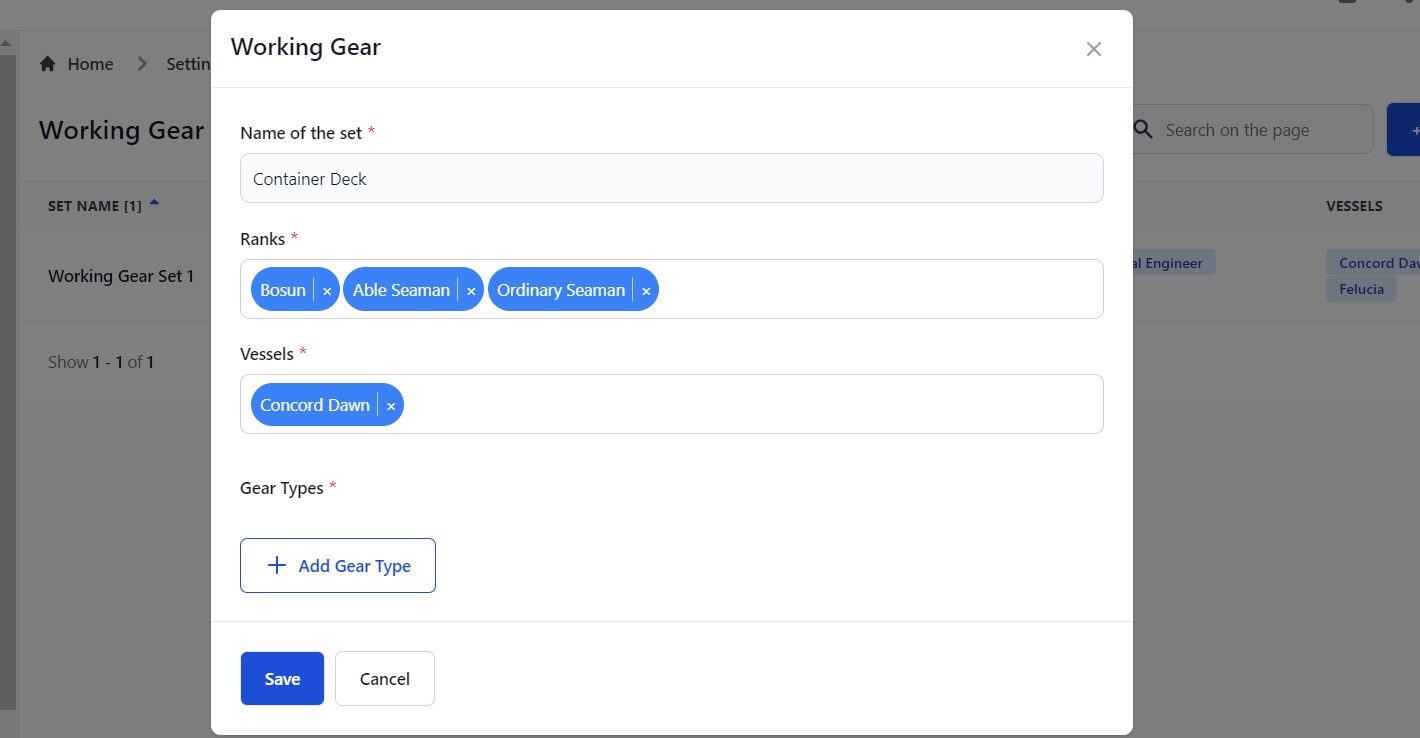 Screenshot of Martide's maritime crew management system showing the Working Gear page 