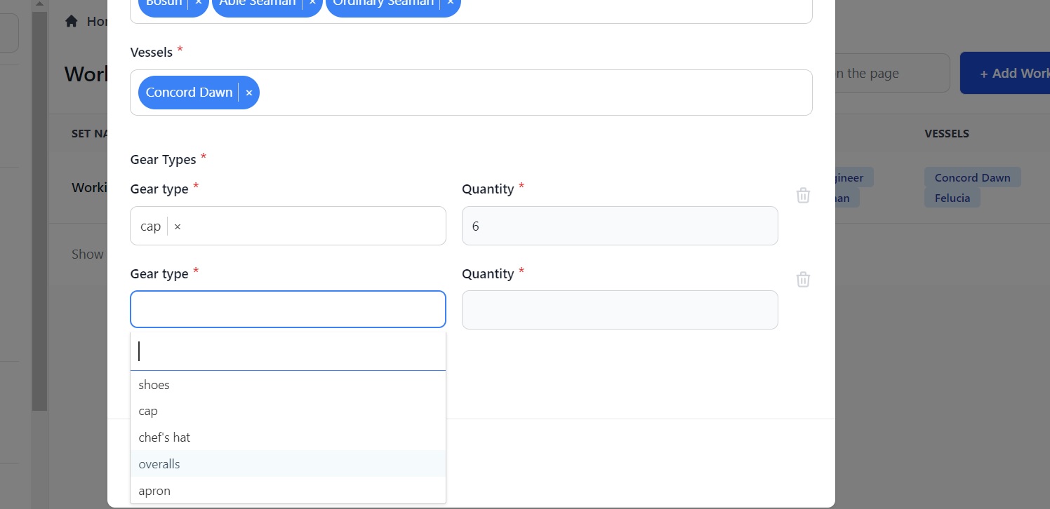 Screenshot of Martide's maritime crew management system showing the Working Gear page 