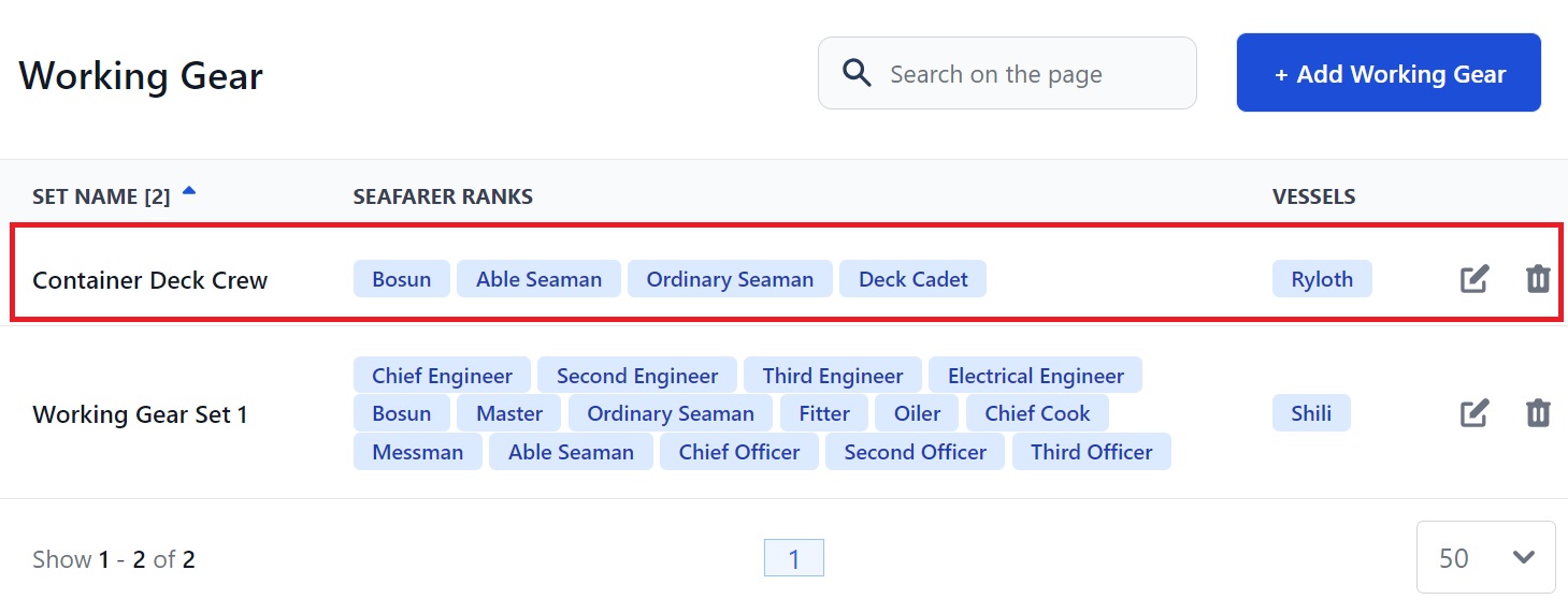 Screenshot of Martide's maritime crew management system showing the Working Gear page 