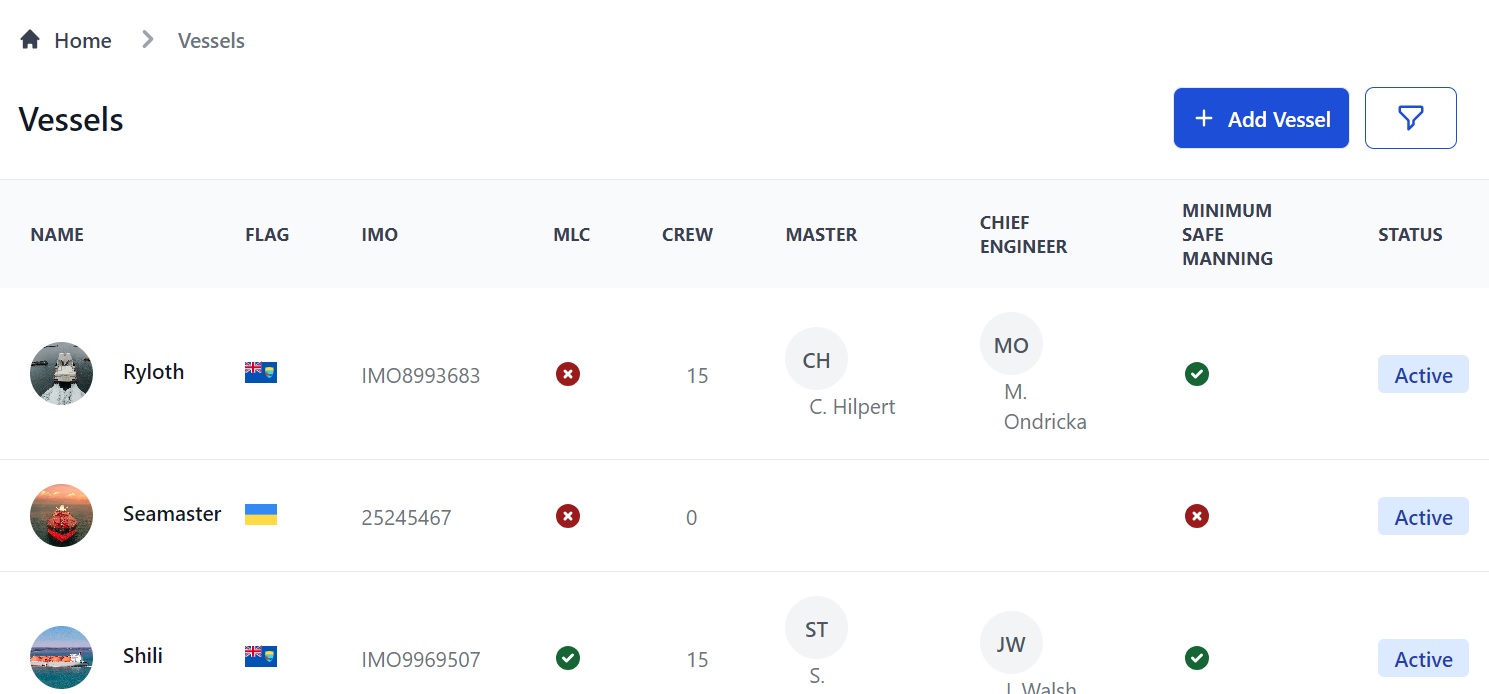 Screenshot of Martide's maritime crew management system showing the Vessels page 
