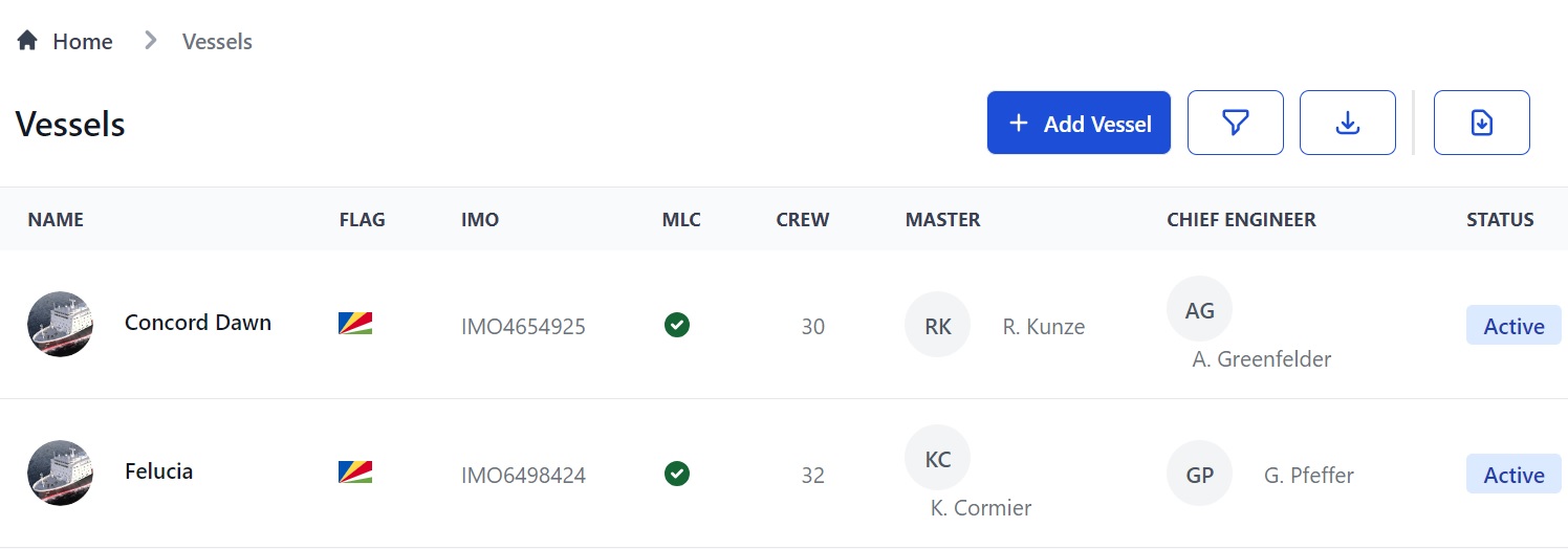 Screenshot of Martide's maritime crew management system showing the Vessels page 