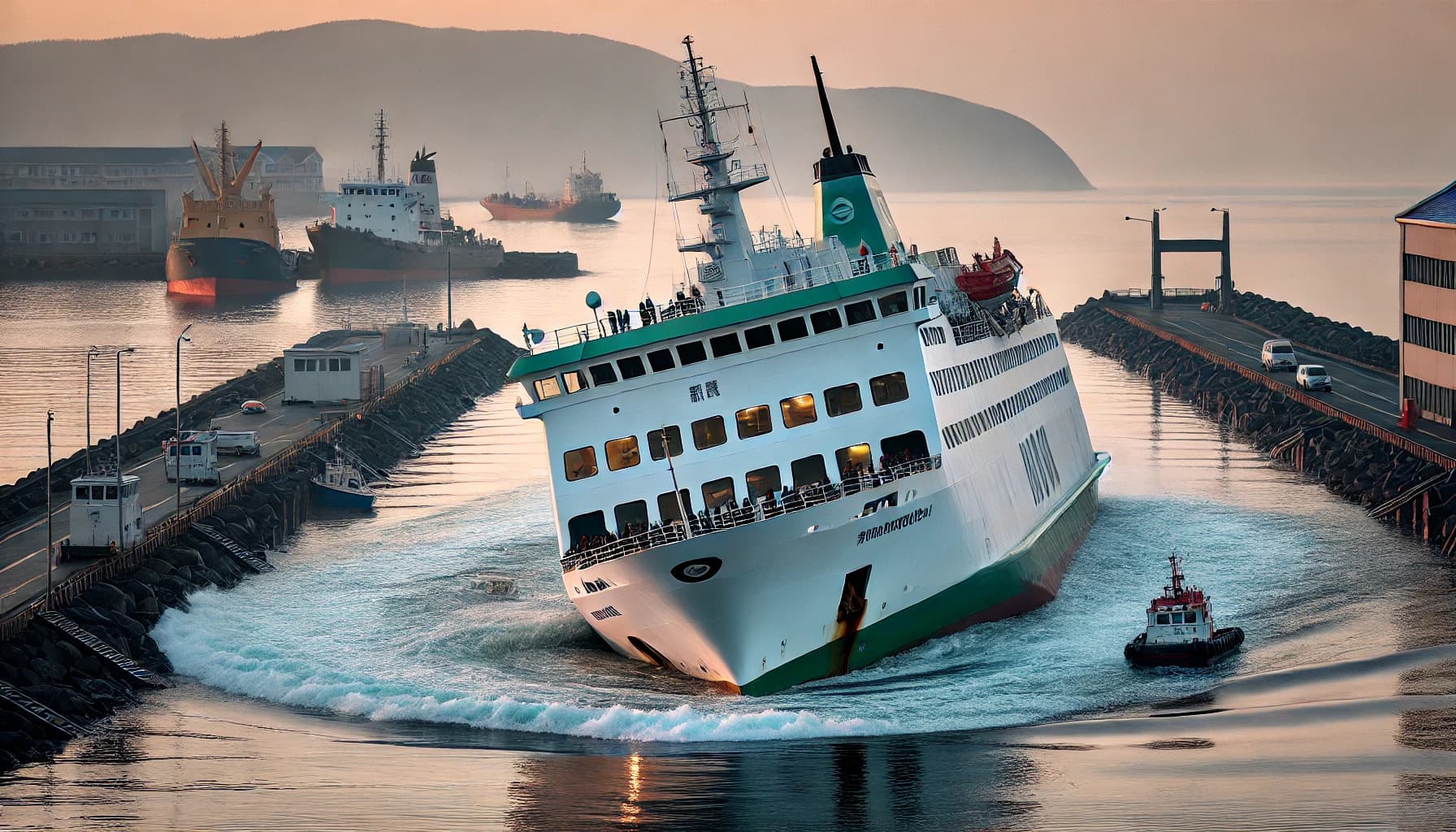 a ferry listing as it comes into port