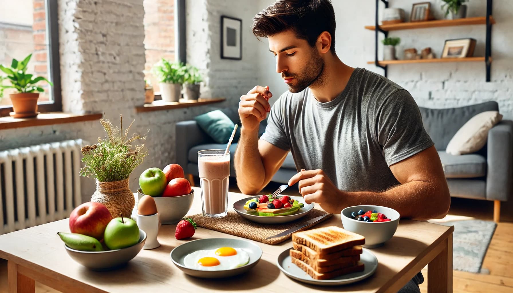 a man eating a healthy breakfast at home