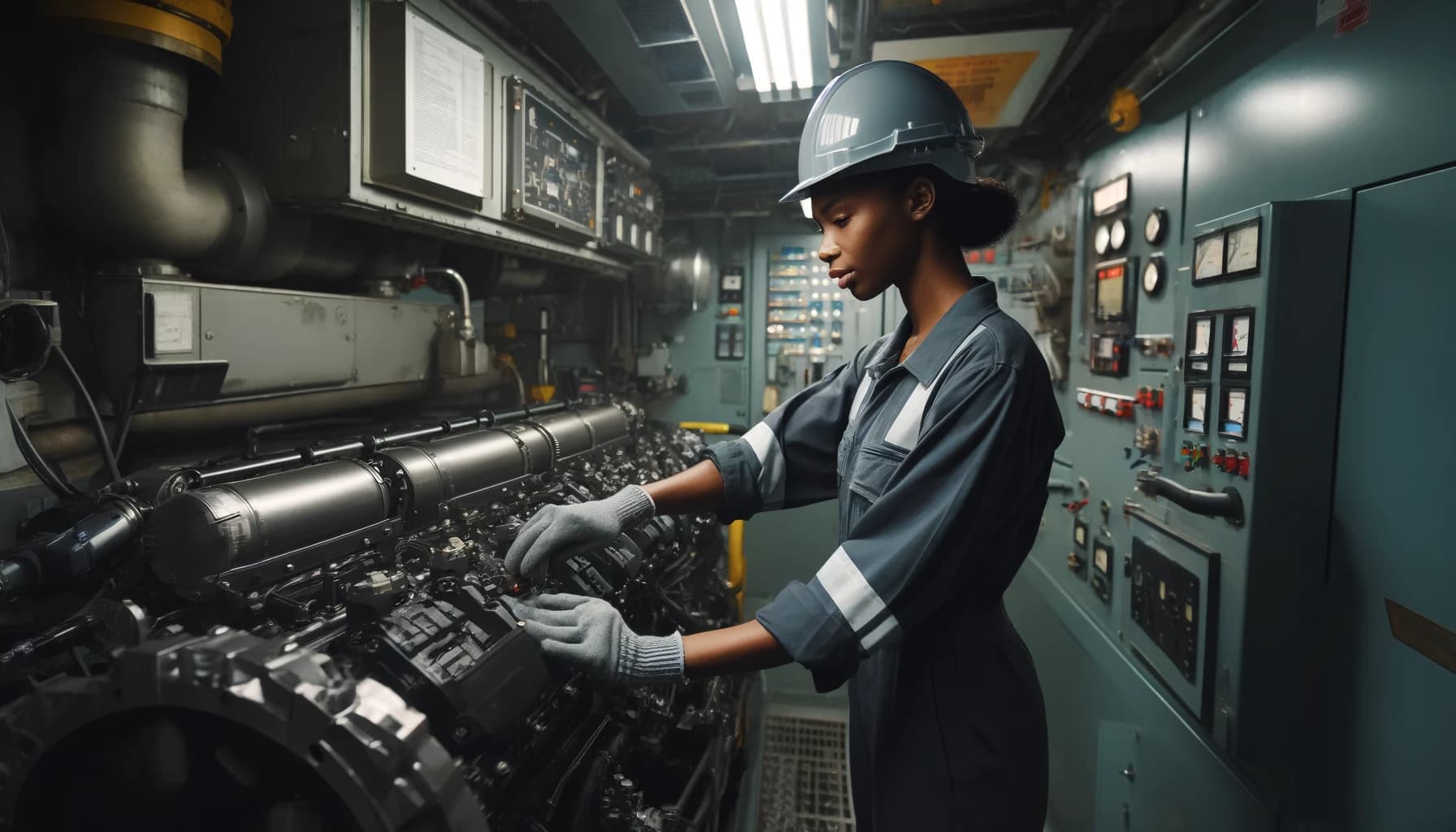 woman working in a maritime job in a ship's engine room