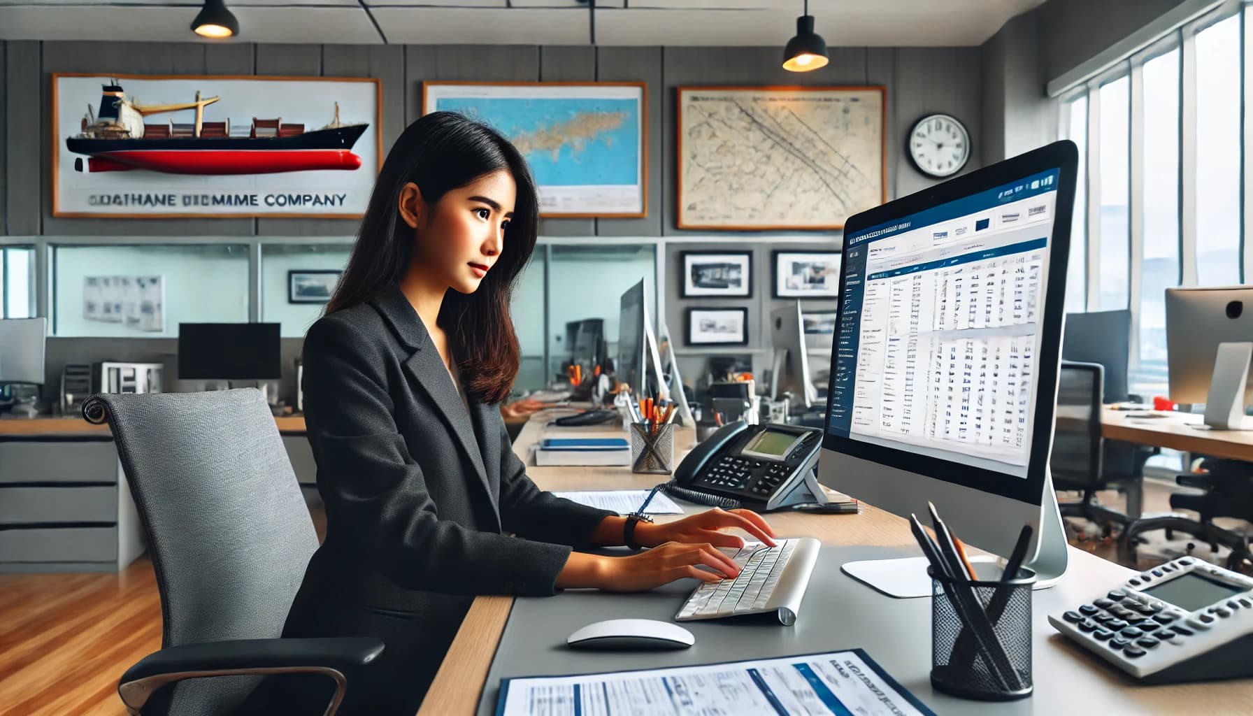 a woman working in a shipping office in a shore-based maritime job 