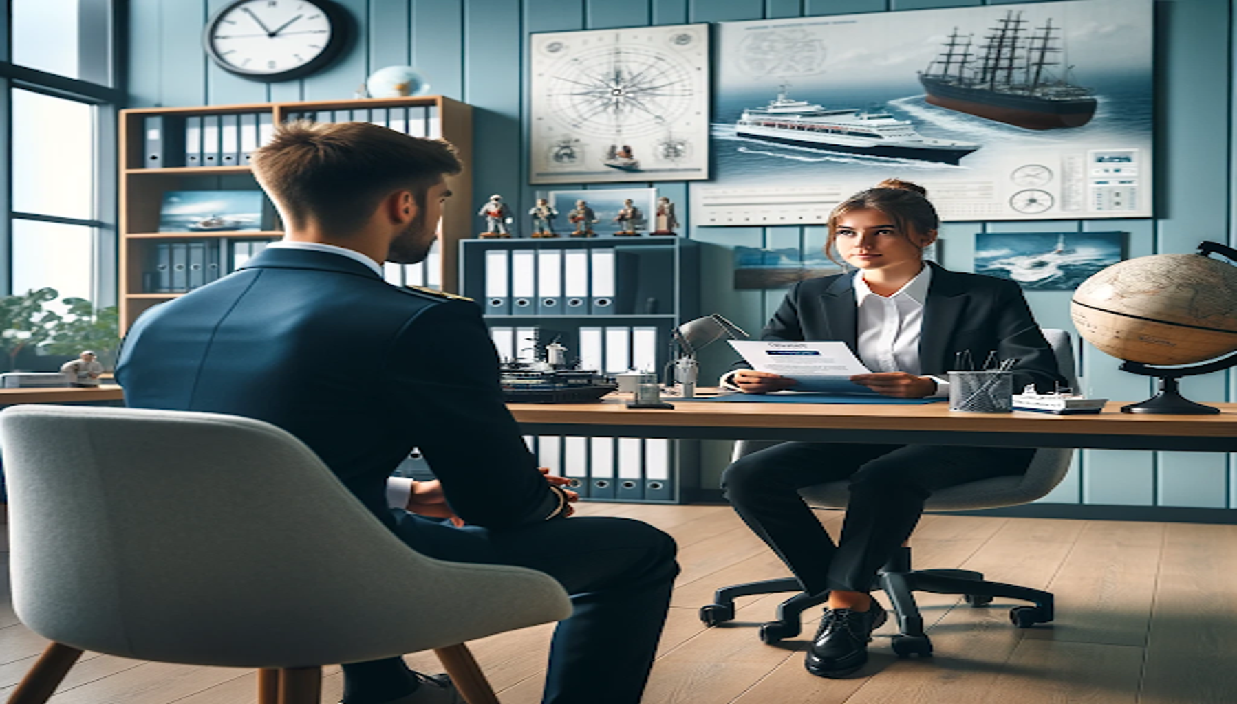 a woman interviewing a man for a maritime job