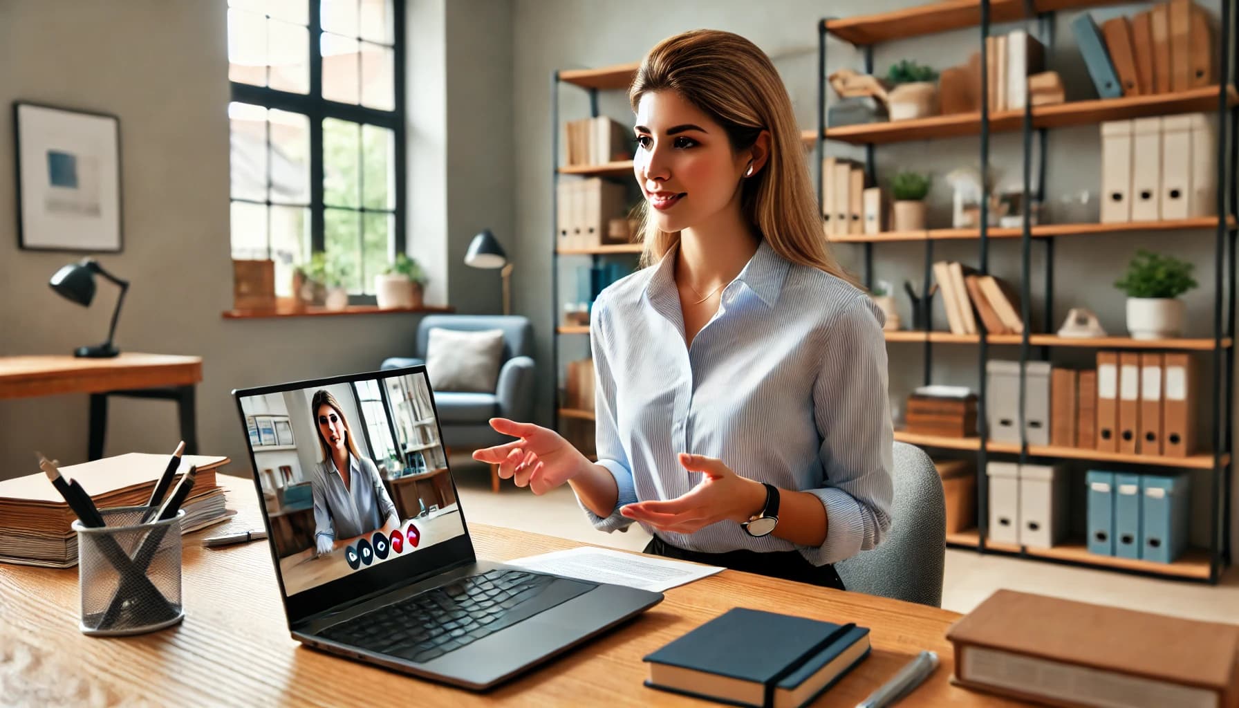 a woman conducting an interview for a maritime job on her laptop