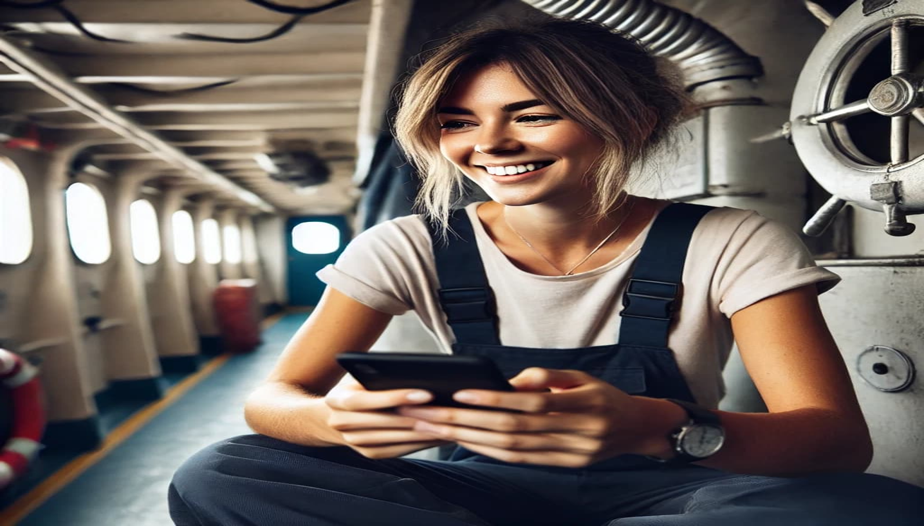  smiling female seafarer using her phone from her ship