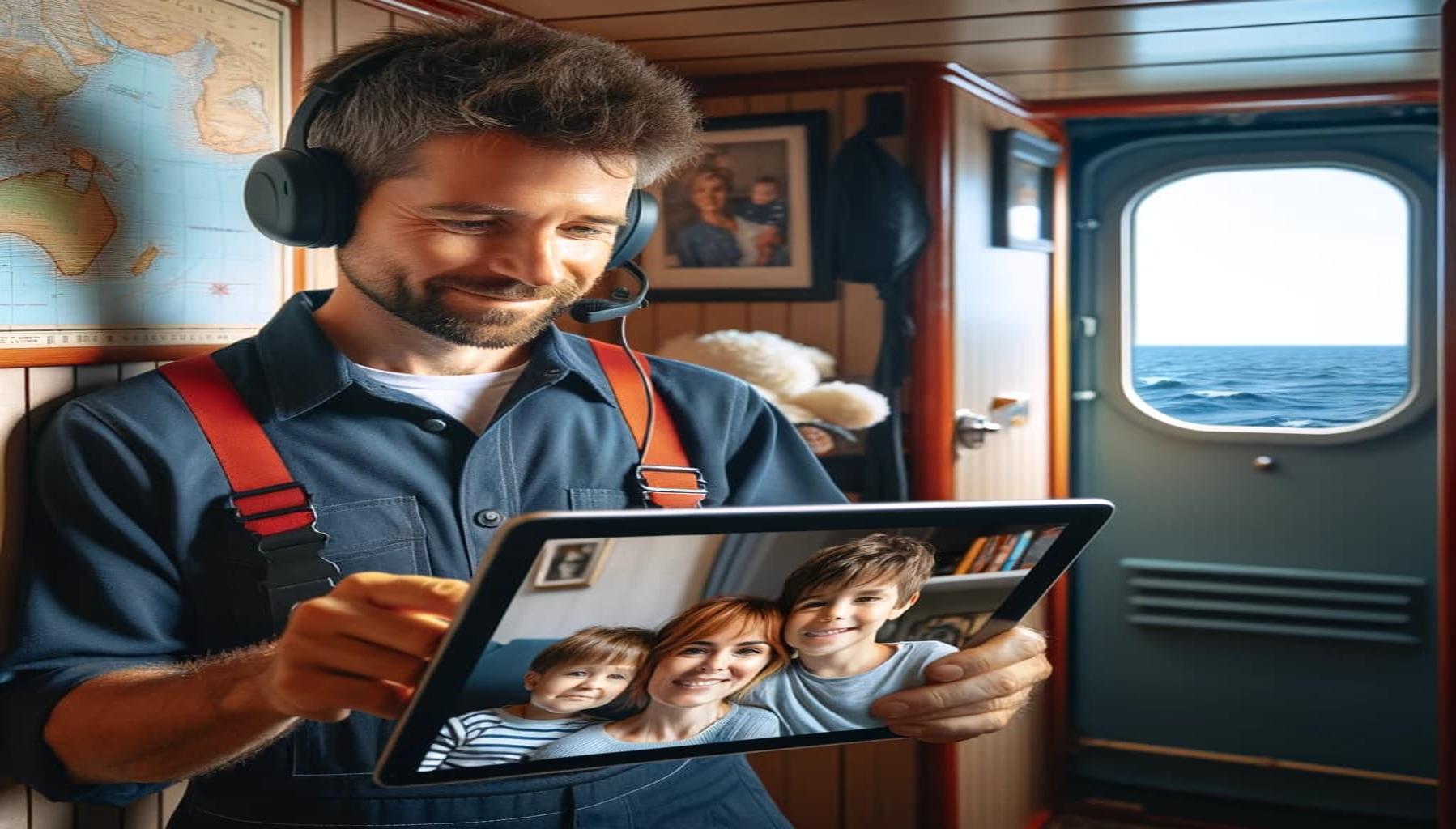 man working in a maritime job at sea video-calling with his family