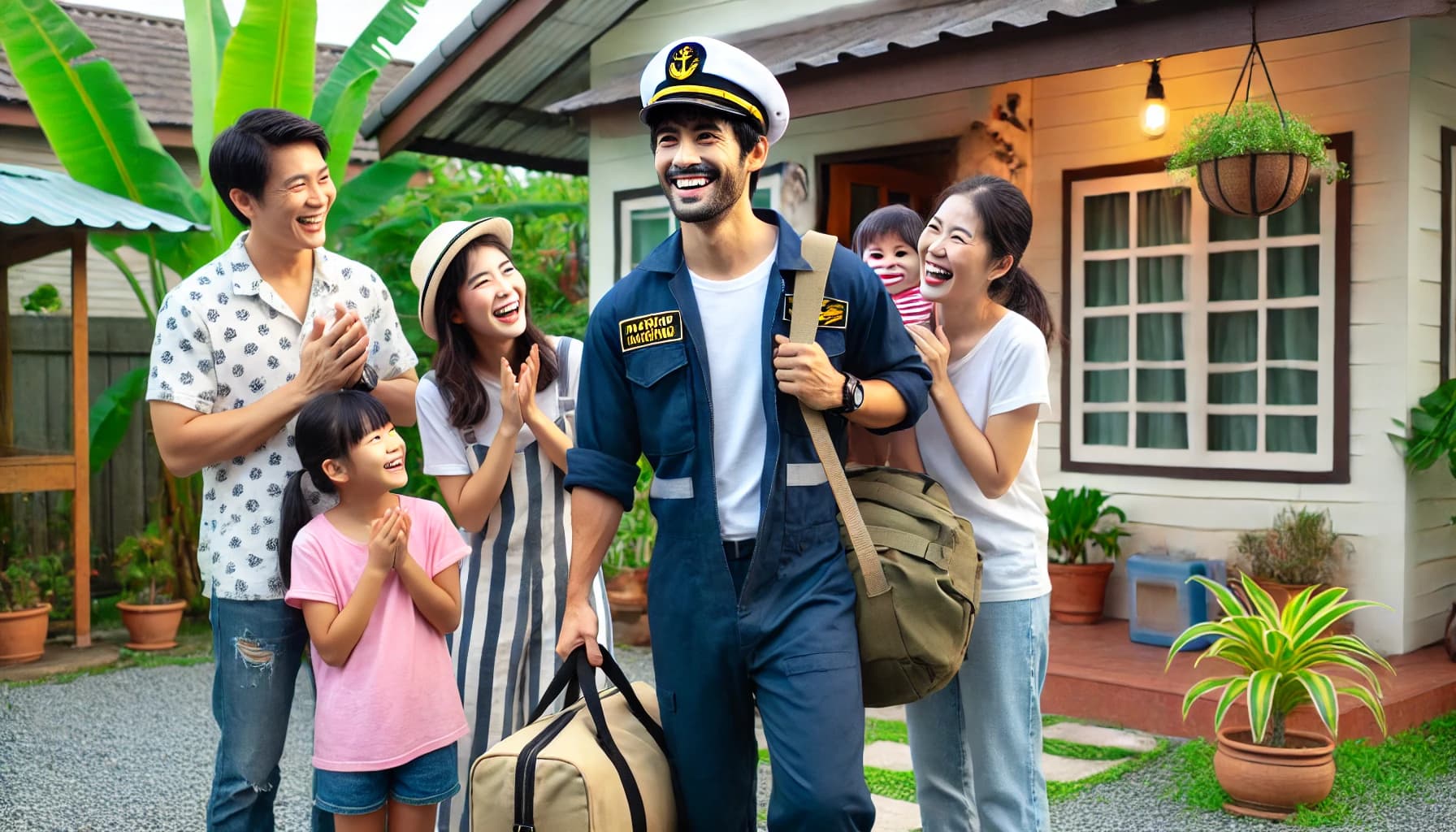 a man working in a marine engineer job arriving home and being greeted by his happy family