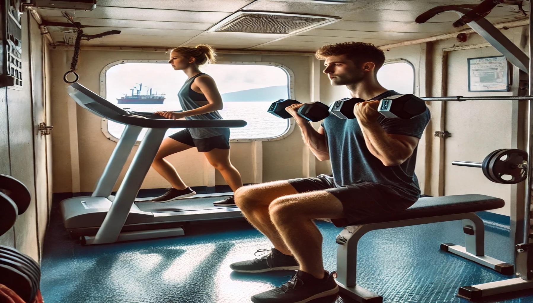 two seafarers working out in a small gym onboard a ship