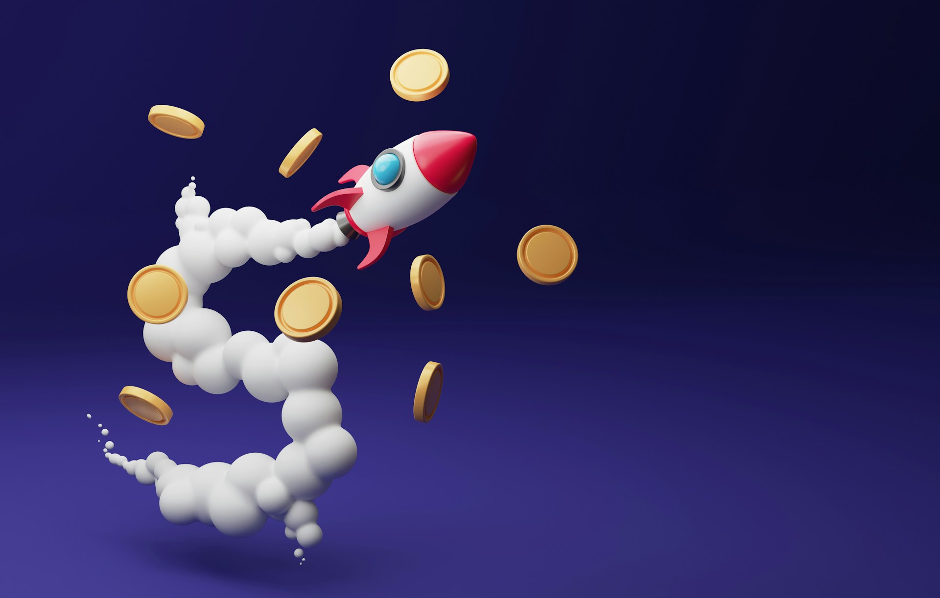 a space rocket blasting off with coins scattering in its wake