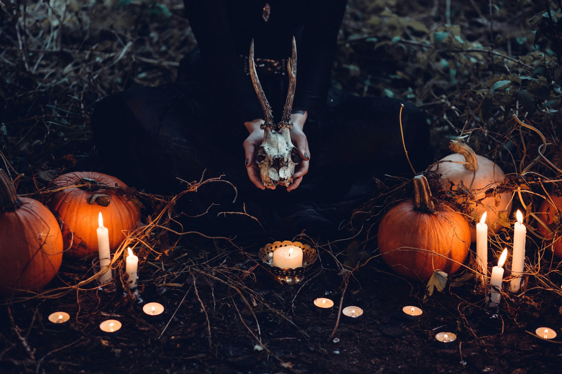 Person in black holding an animal skull surrounded by pumpkins and candles