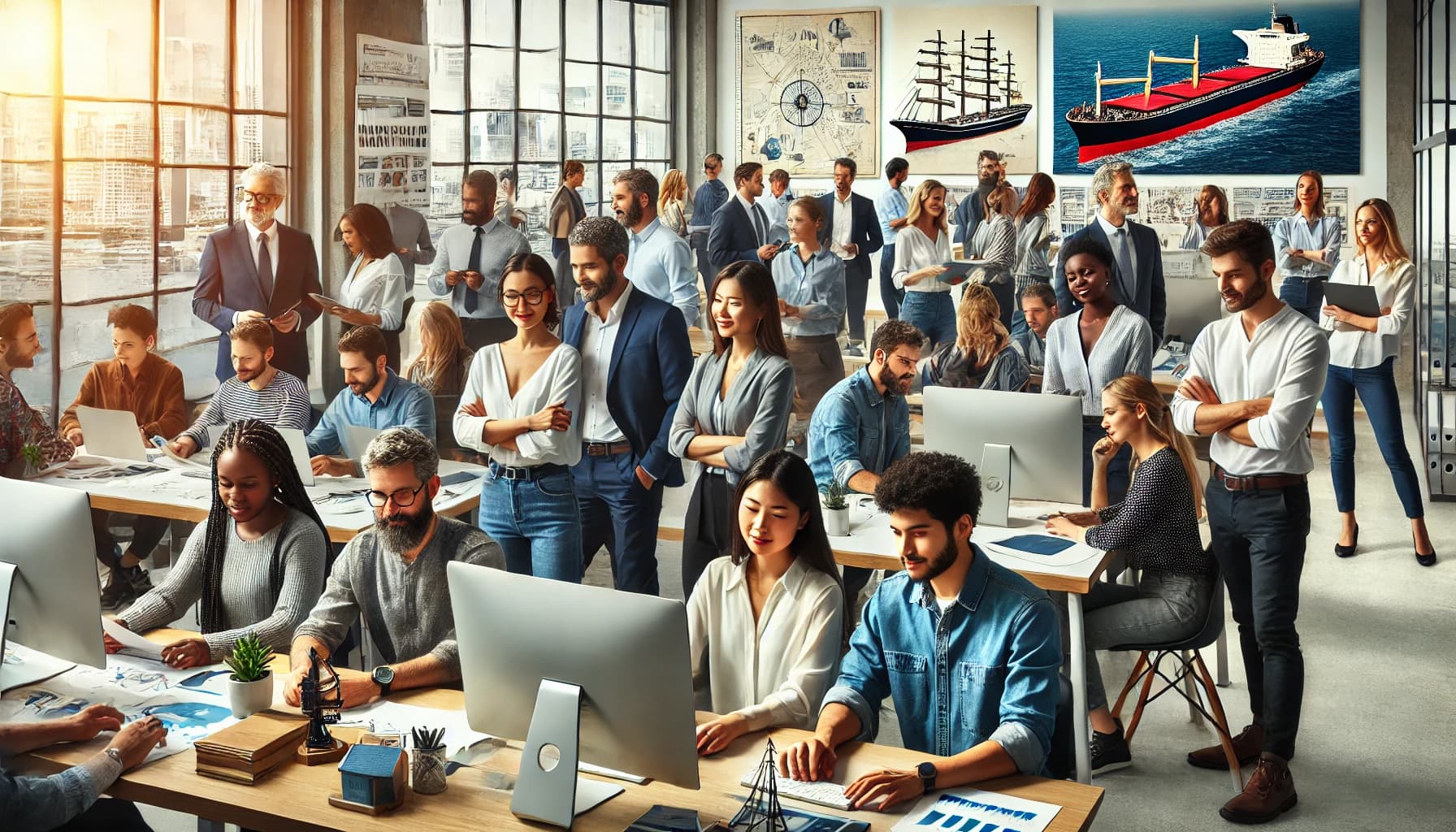 a diverse group of people working in a shipping office