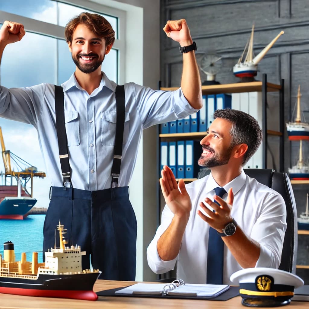 two men working in maritime jobs in an office celebrating