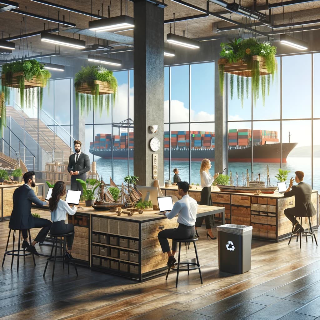 AI generated image of a green, eco-friendly shipping company office