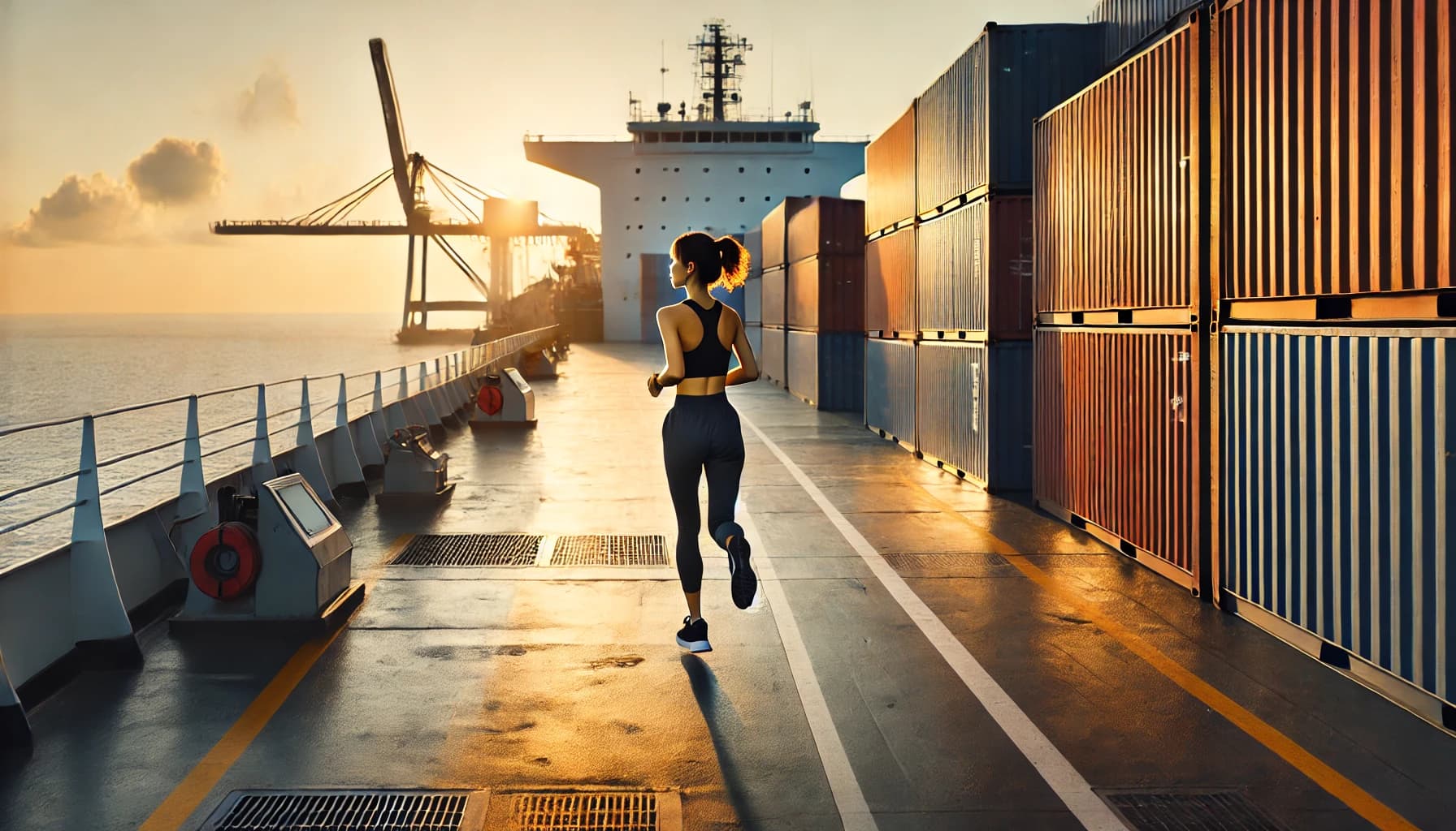 a young woman working in a maritime job jogging on the deck of her container ship