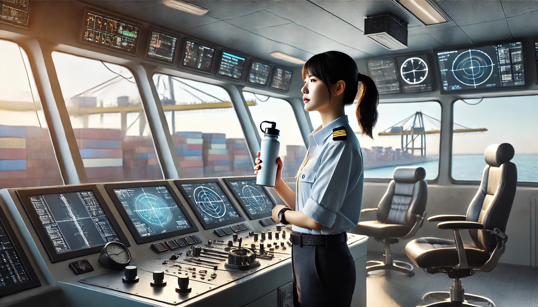 a female seafarer standing watch on the bridge of a ship and drinking from a reusable water bottle