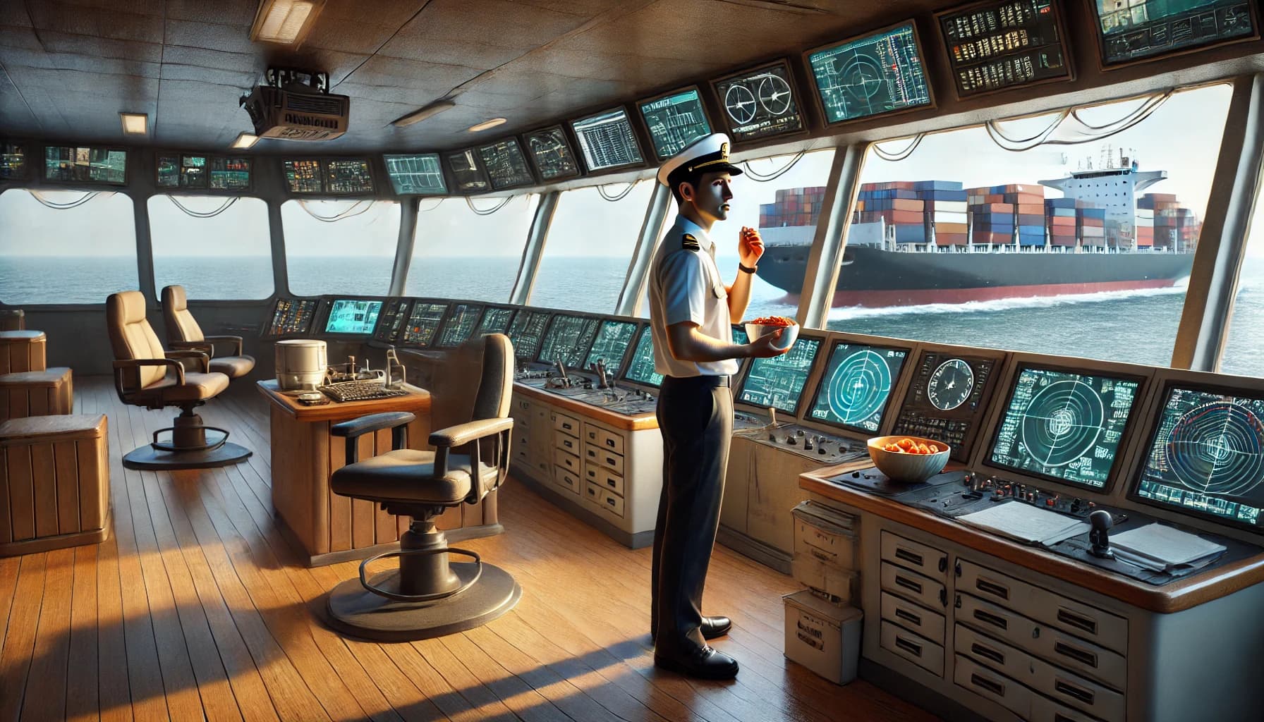 an officer working in a maritime job, standing watch on the bridge an snacking on a bowl of fruit